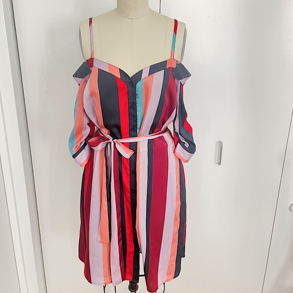 Cold shoulder colorful striped shirt dress NEW